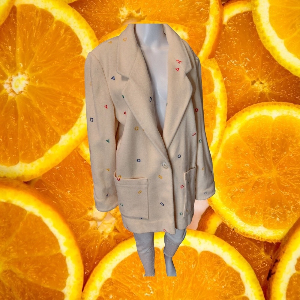 Leslie‎ Fay Vintage Wool Geometric Embroidered Blazer Cream Multicolor Size 10